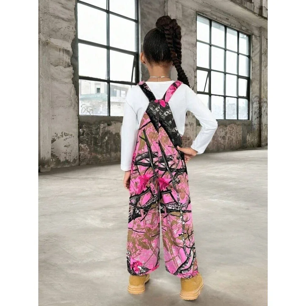 SHEIN Girls' Y2K  Cute Street Fashion Retro Pink Tie-Dye Denim  Bib Coveralls - Picture 3 of 9